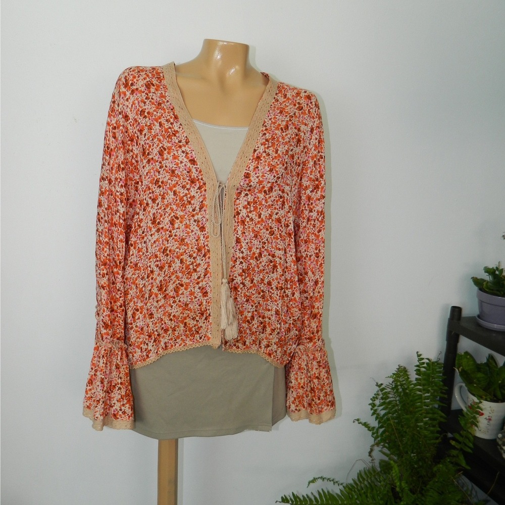 Nalini Floral Open Cardigan Womens One Size Orange Metallic Bell Sleeve Tassel
